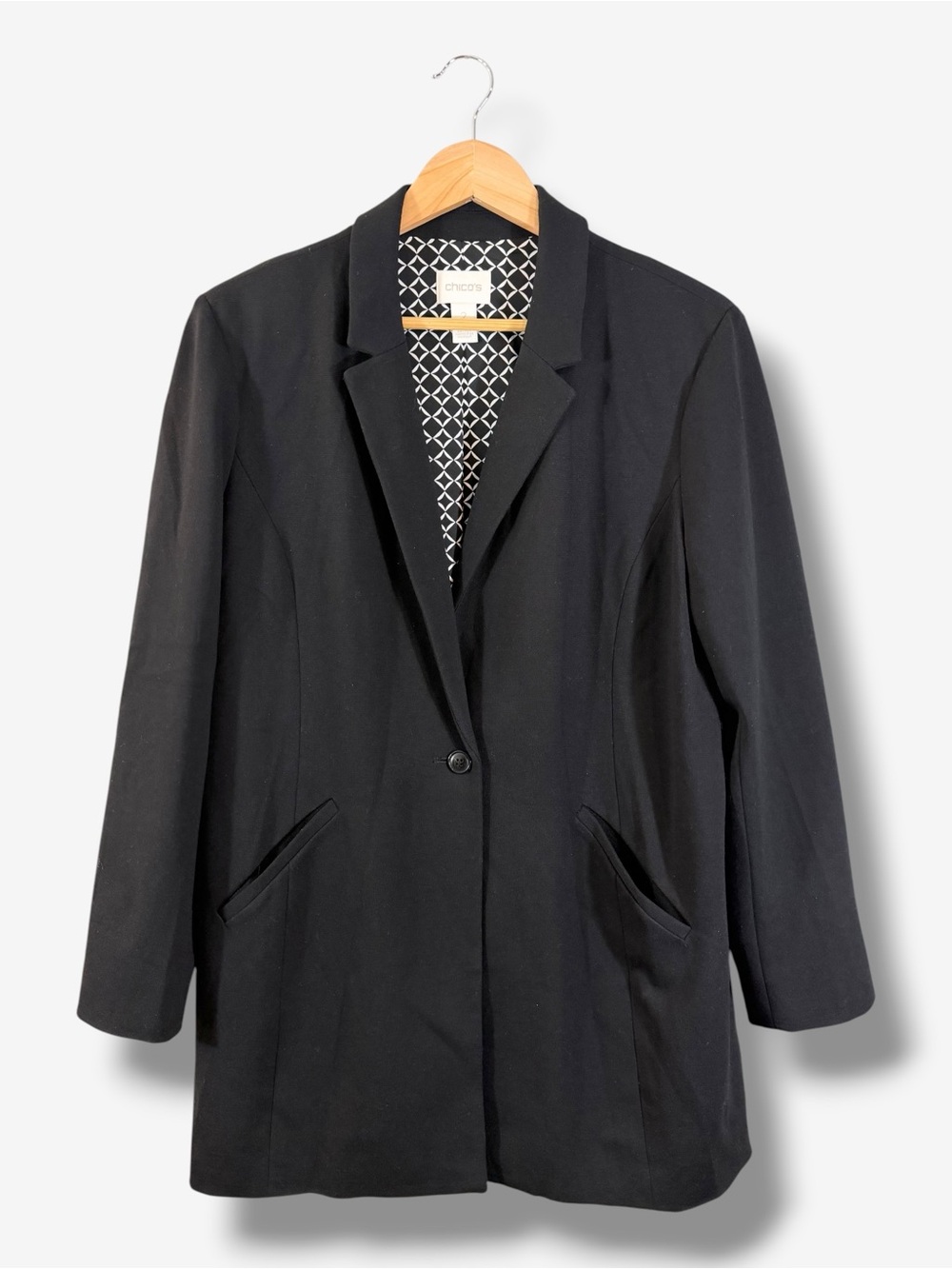 Chico’s Black Longline Blazer Size 2 (US L, 12) Geometric Lined Jacket